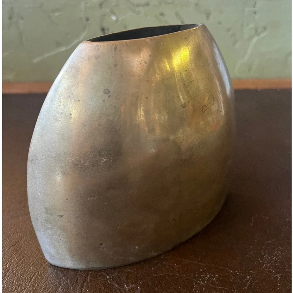 Vintage Aged Modernist Brass Vase Sculptural Elliptical Vessel Mid Century Decor